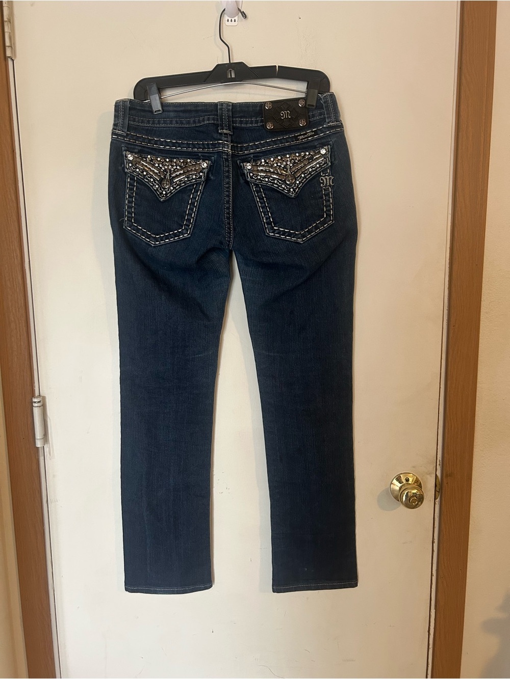 Miss Me 29 Dark Blue Straight Leg Jeans with gunmetal -Embellished Pockets